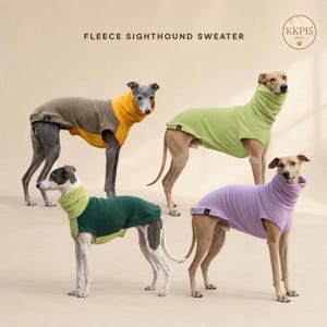 May include: Four sighthounds wearing fleece sweaters in various colors including brown with yellow, solid lime green, dark green with lime green, and solid lavender. Each sweater features a high turtleneck collar and a small black brand tag.