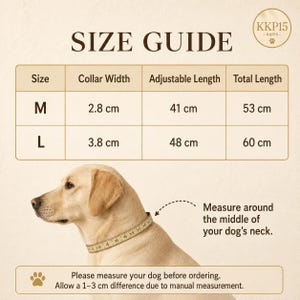 May include: A size guide chart for a dog collar featuring a table with M and L sizes, collar widths of 2.8 cm and 3.8 cm, adjustable lengths of 41 cm and 48 cm, and total lengths of 53 cm and 60 cm. Includes a dog illustration and measurement instructions.