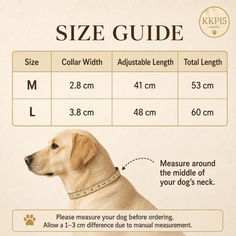 May include: A size guide chart for a dog collar featuring a table with M and L sizes, collar widths of 2.8 cm and 3.8 cm, adjustable lengths of 41 cm and 48 cm, and total lengths of 53 cm and 60 cm. Includes a dog illustration and measurement instructions.