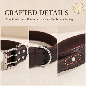 May include: A dark brown leather collar featuring silver-toned metal hardware, reinforced rivets, and contrast stitching. The text CRAFTED DETAILS, Metal hardware, Reinforced rivets, Contrast stitching, and KKP15 are visible in the image.
