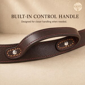 May include: A dark brown leather leash featuring a built-in control handle with silver-toned metal rivets and contrasting stitching. The text BUILT-IN CONTROL HANDLE and Designed for closer handling when needed are visible above the leash.