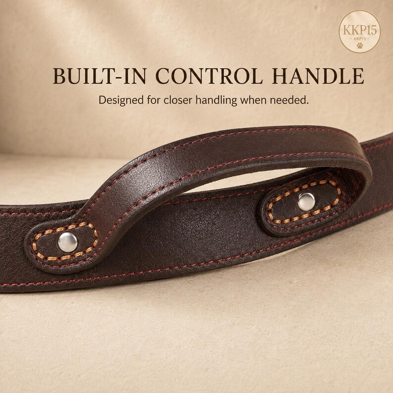 May include: A dark brown leather leash featuring a built-in control handle with silver-toned metal rivets and contrasting stitching. The text BUILT-IN CONTROL HANDLE and Designed for closer handling when needed are visible above the leash.