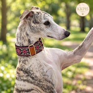 Puede incluir: Un collar para perro con una banda de tela negra con un patrón floral repetitivo en rosa y blanco, acentuado por una etiqueta de cuero marrón y herrajes metálicos dorados, usado por un perro atigrado y blanco. Incluye el logotipo KKP15.