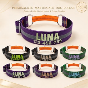 Personalisiertes Martingale-Hundehalsband, gestickter Name & Telefonnummer, reflektierendes breites Halsband für mittelgroße bis große Hunderassen
