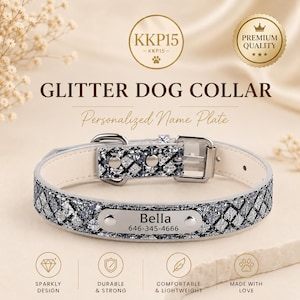 Può includere: Un collare per cani glitterato con motivo a rombi nero e argento, dotato di una targhetta metallica incisa con il nome Bella e il numero di telefono 646-345-4666. Il collare presenta una fibbia in metallo argentato e una fodera interna chiara.