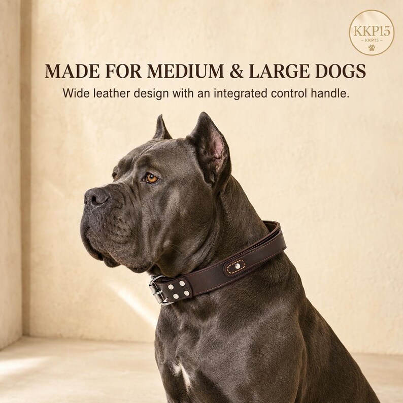 May include: A dark brown leather dog collar with a wide design, metal hardware, and an integrated control handle worn by a dark-coated dog. The text reads: MADE FOR MEDIUM & LARGE DOGS. Wide leather design with an integrated control handle. KKP15.