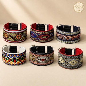 May include: Six pet collars arranged in two rows, each featuring distinct woven geometric patterns in vibrant colors like red, blue, green, and gold. Each collar includes a metal D-ring, black elastic sections, and a circular logo reading KKP15.