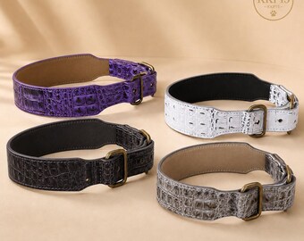 Dog Collar, Crocodile Embossed PU Leather, Wide Adjustable Neckwear, Bronze Buckle, Vintage Accessory for Medium Large Breeds