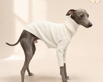 Dog Sweater for Italian Greyhound, Cream Knit Turtleneck, Whippet Clothing, Long Sleeve Sighthound Pullover