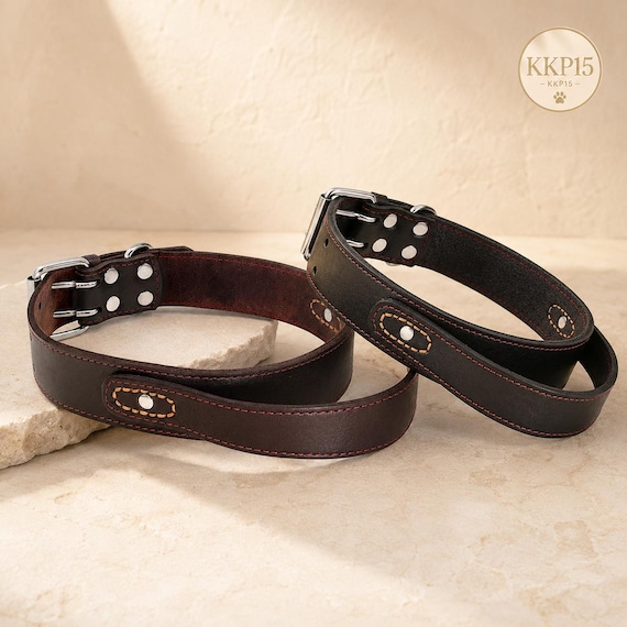 Dog Collar with Control Handle, Handmade Genuine Leather Neckwear, Wide Heavy Duty Training Gear for Medium Large Breeds