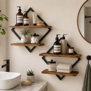Juego de 2 estantes flotantes de pared, estilo rústico, de madera y metal, con diseño moderno de diamante, ideales para la decoración de la sala de estar, el dormitorio y el baño.