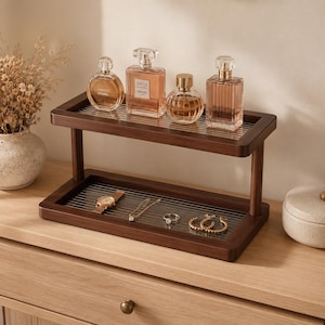 Bamboo Countertop Shelf Organizer 2 Tier Spice Rack with Acrylic Base Bathroom Cosmetic Storage for Small Spaces