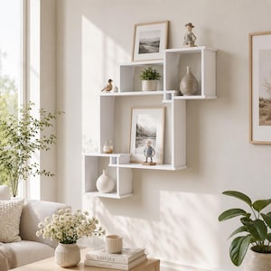 Weißes geometrisches schwebendes Wandregal-Set, nordische PVC-Wandregale, moderne Aufbewahrung für Wohnzimmer, Schlafzimmer, Büro