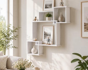 Set di mensole a parete geometriche bianche, mensole a muro intrecciate in PVC in stile nordico, soluzione moderna per esporre oggetti in soggiorno, camera da letto e ufficio.