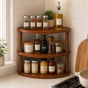 Wooden Corner Storage Shelf Kitchen Counter Organizer 3 Tier Desktop Display Rack Rattan Style Spice Rack Makeup Vanity Shelf