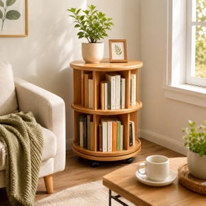 Solid Wood Rotating Bookshelf with Wheels Floor Standing Bookcase Tall 360 Degree Storage Shelf for Living Room Home Office