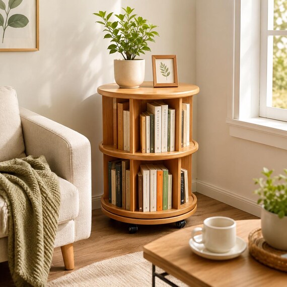 Solid Wood Rotating Bookshelf with Wheels Floor Standing Bookcase Tall 360 Degree Storage Shelf for Living Room Home Office