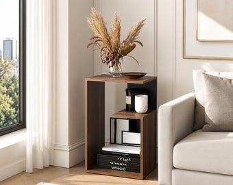 Walnut 3 Tier Side Table with Storage Modern End Table for Living Room Bedroom Entryway Small Space Furniture