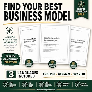 Puede incluir: Un libro de trabajo digital titulado Find Your Best Business Model, disponible en inglés, alemán y español. Cada PDF imprimible en formato A4 contiene 16 páginas con 30 ideas de negocio, diseñado para impresión en blanco y negro.