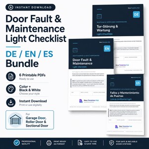 Könnte beinhalten: Ein digitales Paket mit sechs druckbaren PDF-Checklisten für Torstörungen und Wartung in Deutsch, Englisch und Spanisch. Die Dokumente enthalten Felder für Datum, Objektstandort und Prüfer für Garagen-, Roll- und Sektionaltore zur Dokumentation.