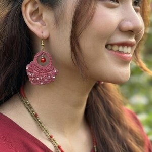 Handmade Crochet Earrings with Beads, Boho Chic Dangle Earrings, Pink and Red Statement Jewelry, Lightweight Artisanal Gift for Women