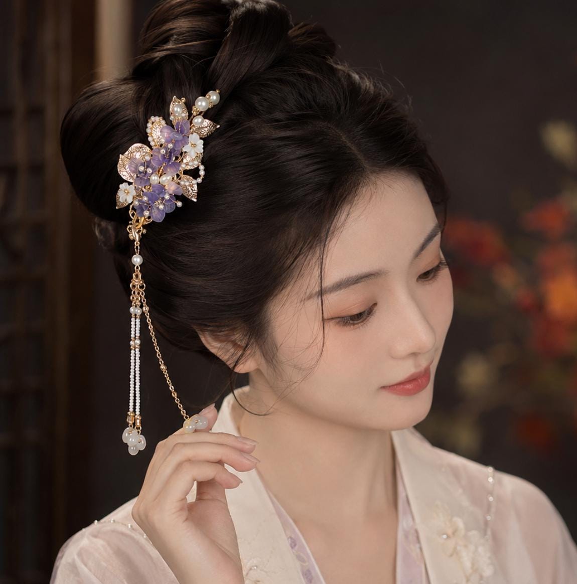 Blue Hanfu Hair Pin Clip,Pearl Tassel Floral Hairpiece,Chinese Wedding Hair Accessory, Gold Leaf Barrette, Elegant Gift for Her