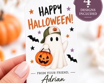 Halloween Gift Tag Canva Template Download Printable Party Label Classroom Treat Topper Editable Name Sticker School Kids Trick or Favor