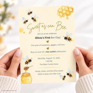 Süße Bienen-Geburtstagseinladungsvorlage, bearbeitbar, Canva, Bumble, erste Party-Einladung, digitaler Druck, sofortiger Download, 5x7 Karte, Honigbiene