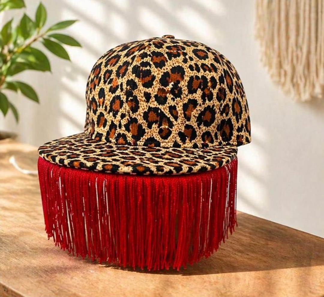 Leopard Print Cap With Red Fringe – Handmade Festival Party Hat - Etsy