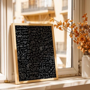 May include: A rectangular picture frame with a light wood finish containing a black print filled with white mathematical equations, geometric shapes, and scientific formulas, including calculus, trigonometry, and algebraic expressions.