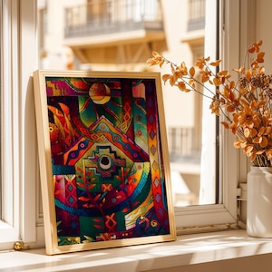 May include: A rectangular framed artwork featuring a vibrant, abstract composition with geometric patterns, a central circular motif, and a rich color palette of deep reds, greens, blues, and yellows, displayed in a light-colored wooden frame.