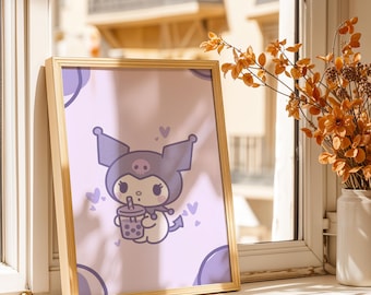 Kuromi Poster - Purple Sanrio Boba Art Print, Kawaii Cartoon Wall Decor, Cute Room Poster