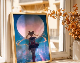 Sailor Moon Poster - Moonlit Anime Girl Silhouette Art Print, Dreamy Aesthetic Wall Decor, Magical Girl Fan Gift Poster