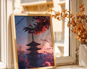 Japanese Aesthetic Poster - Cherry Blossom Temple Art Print, Minimalist Zen Wall Decor, Japan Lover Gift Poster