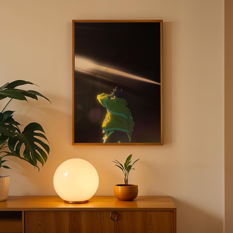 May include: A framed rectangular wall art print featuring an anime-style illustration of a figure in a bright lime green hooded jacket standing against a dark background with a horizontal beam of light cutting across the upper portion of the frame.