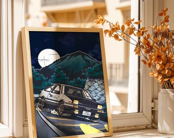 Initial D Poster - Night Drift Trueno Mountain Art Print, Retro Racing Anime Wall Decor, Car Fan Gift Poster