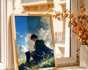 Levi Ackerman Poster - Wildflower Sky Anime Art Print, Scout Aesthetic Wall Decor, Attack Titan Fan Gift Poster