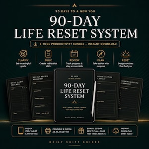 May include: A 90-day life reset system digital productivity bundle featuring a central tablet display with a white stylus. The black and gold interface includes a daily habit tracker, weekly review worksheet, vision and action planner, and morning routine blueprint.