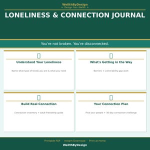 May include: A dark green journal page titled LONELINESS & CONNECTION JOURNAL with the text You're not broken. You're disconnected. It features four sections: Understand Your Loneliness, What's Getting in the Way, Build Real Connection, and Your Connection Plan.