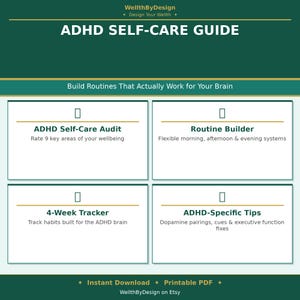 Puede incluir: Una guía de autocuidado para el TDAH en color verde oscuro con el texto WellthByDesign, ADHD SELF-CARE GUIDE y Build Routines That Actually Work for Your Brain. Incluye cuatro secciones: ADHD Self-Care Audit, Routine Builder, 4-Week Tracker y ADHD-Specific Tips.