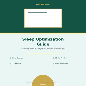 Op de afbeelding: Een digitaal Sleep Optimization Guide document met een donkergroene koptekst met de tekst WellthByDesign. De body bevat de titel Sleep Optimization Guide, Science-Backed Strategies for Deeper, Better Sleep en een lijst met kenmerken.