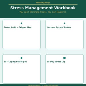 May include: A digital Stress Management Workbook by WellthByDesign with a dark green header and light green background. It features four sections: Stress Audit + Trigger Map, Nervous System Resets, 50+ Coping Strategies, and a 30-Day Stress Log.
