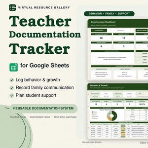 May include: A digital Teacher Documentation Tracker for Google Sheets featuring a dark green and cream color scheme. The interface displays a Documentation Dashboard and a Behavior and Growth tab with various data tables, charts, and tracking metrics.