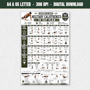 Könnte beinhalten: Ein digitaler 30-Tage-Trainingsplan für militärische Calisthenics für Anfänger. Das weiße Poster enthält dunkelgrünen Text und Grafiken, darunter einen täglichen Übungsplan, einen Fortschrittstracker und eine Anleitung mit Bewegungsillustrationen.