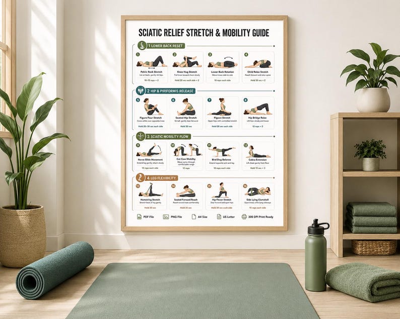 Sciatica Pain Relief Exercises, Lower Back Stretch Routine, Sciatic Nerve Glide Mobility Chart, Physical Therapy, Hip & Piriformis Stretches