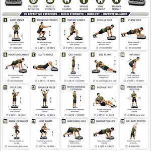 May include: An instructional poster titled VIBRATION PLATE FULL BODY WORKOUT FOR MEN, featuring twenty numbered exercise illustrations with text descriptions, workout program levels, benefits, target muscle diagrams, and technical print specifications.