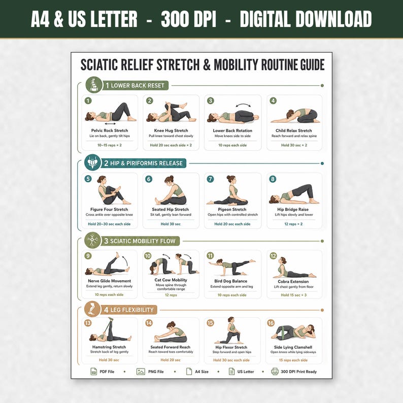 Sciatica Pain Relief Exercises, Lower Back Stretch Routine, Sciatic Nerve Glide Mobility Chart, Physical Therapy, Hip & Piriformis Stretches