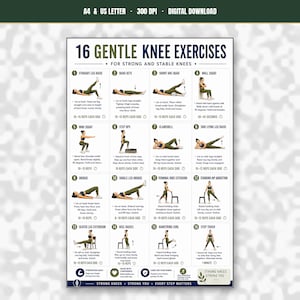 16 esercizi delicati per rafforzare le ginocchia (scheda stampabile), 16 movimenti per ginocchia forti e stabili, poster PDF per l'allenamento delle ginocchia