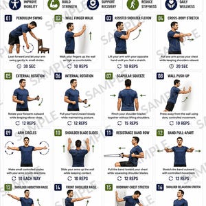May include: An instructional poster titled ROTATOR CUFF EXERCISES featuring sixteen numbered illustrations of a person in a blue t-shirt performing shoulder mobility and strength movements, with text descriptions, repetition counts, and duration times.