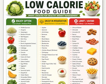 Low Calorie Food List Printable | Low Calorie Foods Chart for Weight Loss | Calorie-Smart Meal Planning Guide & Grocery List PDF